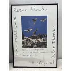 Peter Blake (British 1932-): 'H' and 'E' Postcards from 'An Alphabet' series, signed; together with two posters 'Peter Blake - Sculpture and Other Matters' and 'Under Milk Wood', and a 'Books are my Bag' tote bag (5)