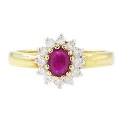 18ct gold ruby and diamond cluster ring, single oval cut ruby of approx 0.25 carat, surrou...