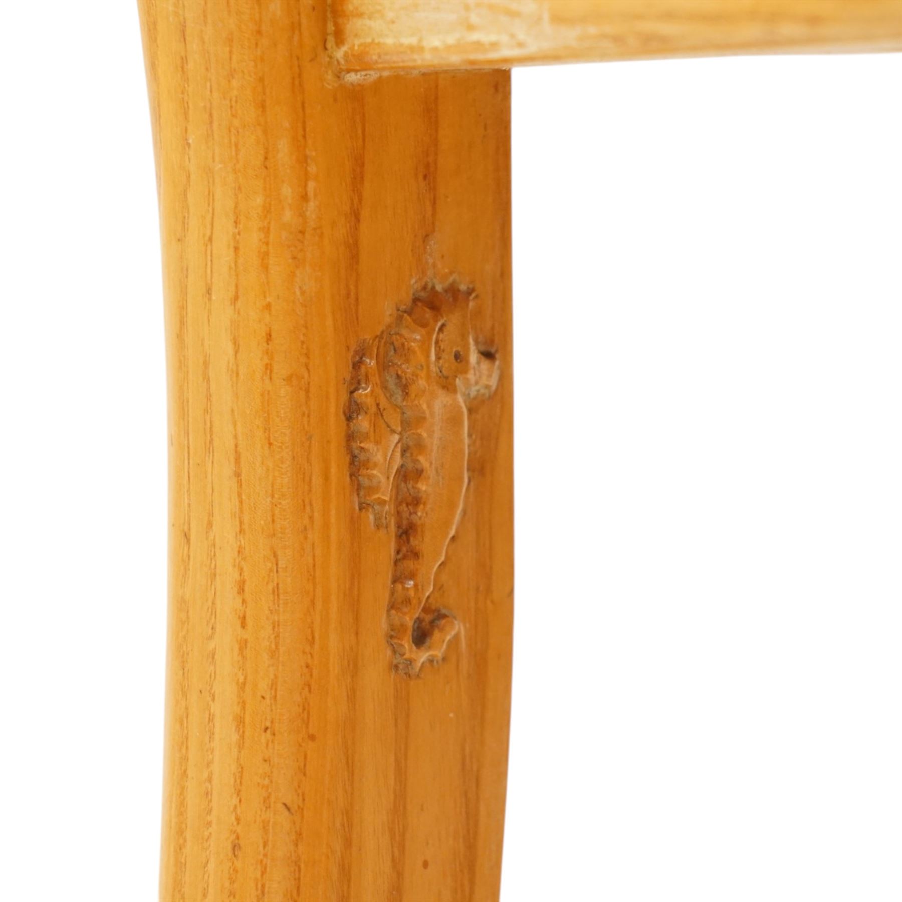 Seahorseman by Shaw & Riley - set of four Yorkshire oak bar-back dining chairs, brown vinyl drop in seat, raised on shaped supports with signature Seahorse carving from the workshop of A. Shaw & Riley Ltd, Hessay