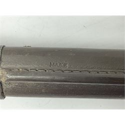 Australian Owen sub-machine gun bayonet, the 25.5cm fullered steel blade marked '53'; in metal bound wooden scabbard marled MA53 L41cm overall