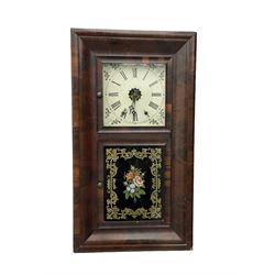 American - 19th century mahogany veneered 8-day ogee shelf clock, rectangular case with two glazed doors to the front, decorative glass tablet to the lower door with a depiction of flowers on a black background with a gold border, painted dial with Roman numerals, minute track, floral spandrels and Maltese cross steel hands, two train weight driven movement, striking the hours on a coiled gong. With the original Jerome trade label pasted on the inner back board of the case.
