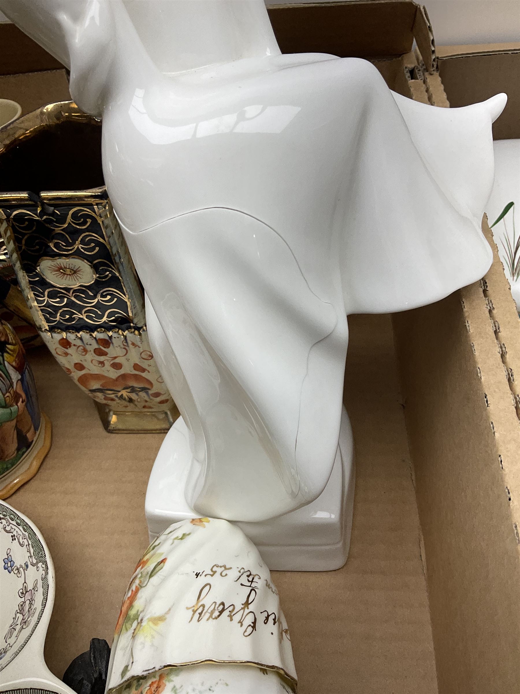 Denby Greenwheat pattern dinner wares, together with Royal Doulton Tumbling Leaves pattern tea and dinner wares, Royal commemorative ceramics including Wedgwood Jasperware table lighter, pair of Victorian glass hand painted vases, large blue and white urn with lid, Noritake part tea set, Staffordshire style dog and other ceramics and collectables, in boxes