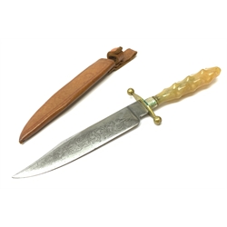 1950's Bowie knife by Fagan of Sheffield, 15.5cm etched blade, brass hilt with pressed horn grip overall 27cm, with leather sheath 