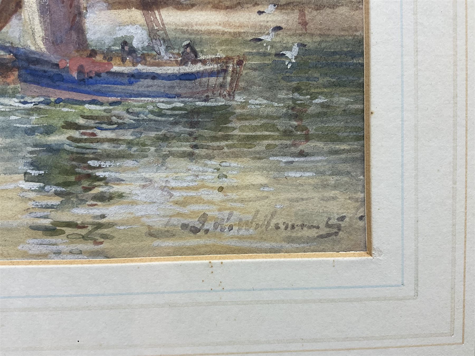 John Wynne Williams (British fl.1900-1920): Boats at Tate Hill Pier Whitby, with the Spa Ladder in the background, watercolour signed 16cm x 25cm