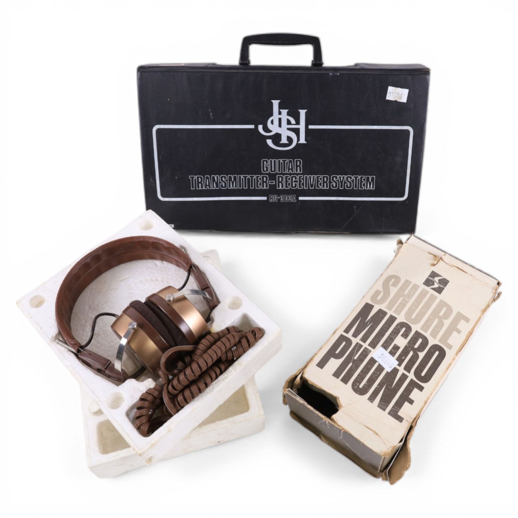 Shure Unidyne III model 545D microphone, pair of Audio-Technica At-703 stereo headphones and a JSH Guitar Transmitter-Receiver System