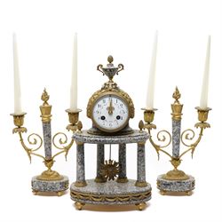 French- early 20th century portico clock garniture, 8-day drum movement decorated with lau...