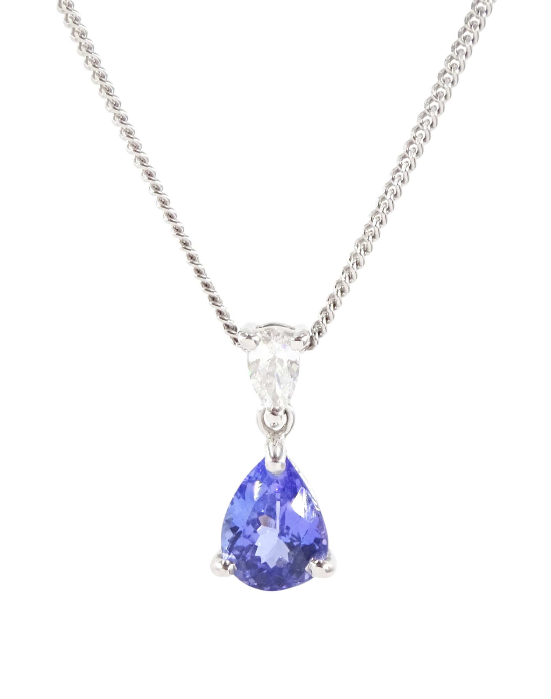 18ct white gold pear cut tanzanite and pear cut diamond pendant necklace, tanzanite approx 1.20 carat, diamond approx 0.15 carat