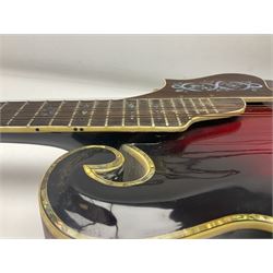 Eastern eight-string mandolin with red sunburst finish and mother-of-pearl inlay of eagles, clouds, trees etc L86cm; in fitted hard carrying case