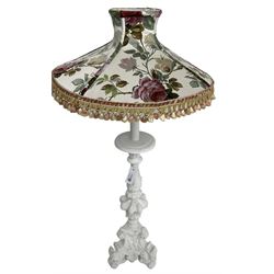 White painted Italian Baroque design standard lamp, ornately cast with foliage and scrolls, on three scrolled feet, with floral shade (H118cm); and a small hardwood stand with marble inset (18cm x 18cm, H61cm)
