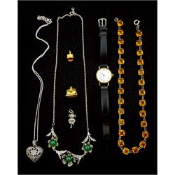 Two gold house and crown charms, both 9ct, silver jewellery including marcasite and cabochon green agate flower necklace, yellow paste stone riviera necklace, imp and marcasite heart pendant necklace and a 9ct gold Rotary manual wind ladies wristwatch, on leather strap