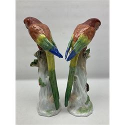 Pair of 20th century Dresden figures, modeled as parrot perched upon a tree stump, with makers mark beneath, H32cm 