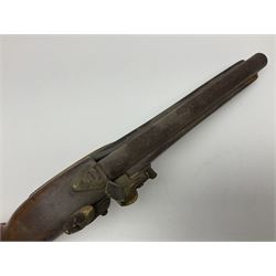 Leather covered swagger/sword stick with 40cm steel blade L62cm overall; another ash sword stick with 30cm diamond section steel blade; pair of fencing foils, the blades marked Solingen; two reproduction flintlock pistols; and 92cm inert cartridge belt (7)