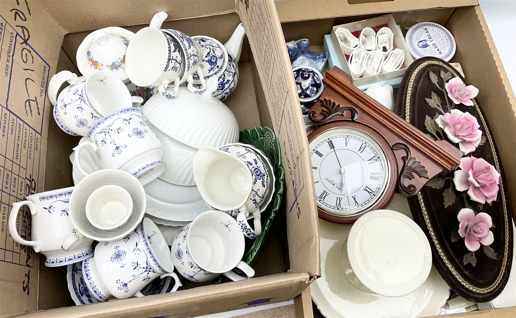 Capodimonte roses wall hanging, Victoria ceramics candle sticks, cake stand, flatware etc two boxes.  