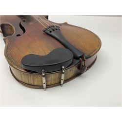 Late 19th century French three-quarter size 'Conservatory' violin with 34cm two-piece maple back and ribs and spruce top, the peg box inscribed 'Conservatory Violin Straduari', bears label 'Antonius Stradiuarius Cremonensis Faciebat Anno 1721' L55.5cm overall; in ebonised wooden 'coffin' case; and Saxony violin c1900 with 36cm two-piece maple back and ribs and spruce top; bears label 'Antonius Stradivarius Cremonensis Faciebat Anno 17**' L59cm overall; in carrying case (2)