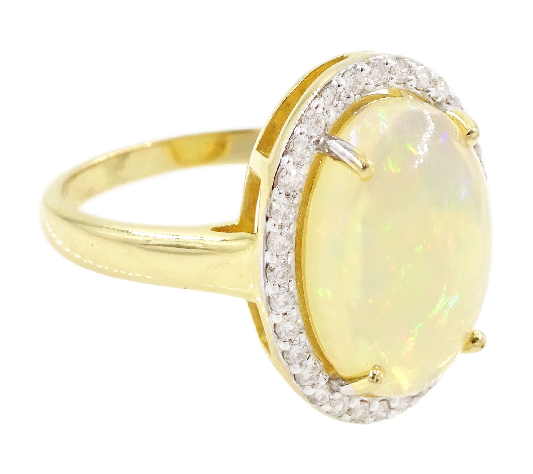 14ct gold opal and diamond cluster ring, single cabochon cut opal of approx 2.80 carat, with round brilliant cut diamond surround, stamped, total diamond weight approx 0.35 carat