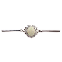  18ct white gold opal and diamond cluster bar brooch by B&S Birmingham 1980  