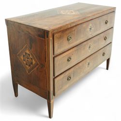 Large 18th-century North Italian walnut commode, rectangular top with quartered veneer, central parquetry inlay and raised moulded edges above three drawers with brass ring handles, cross banding and further central parquetry inlay, supported on square tapered feet