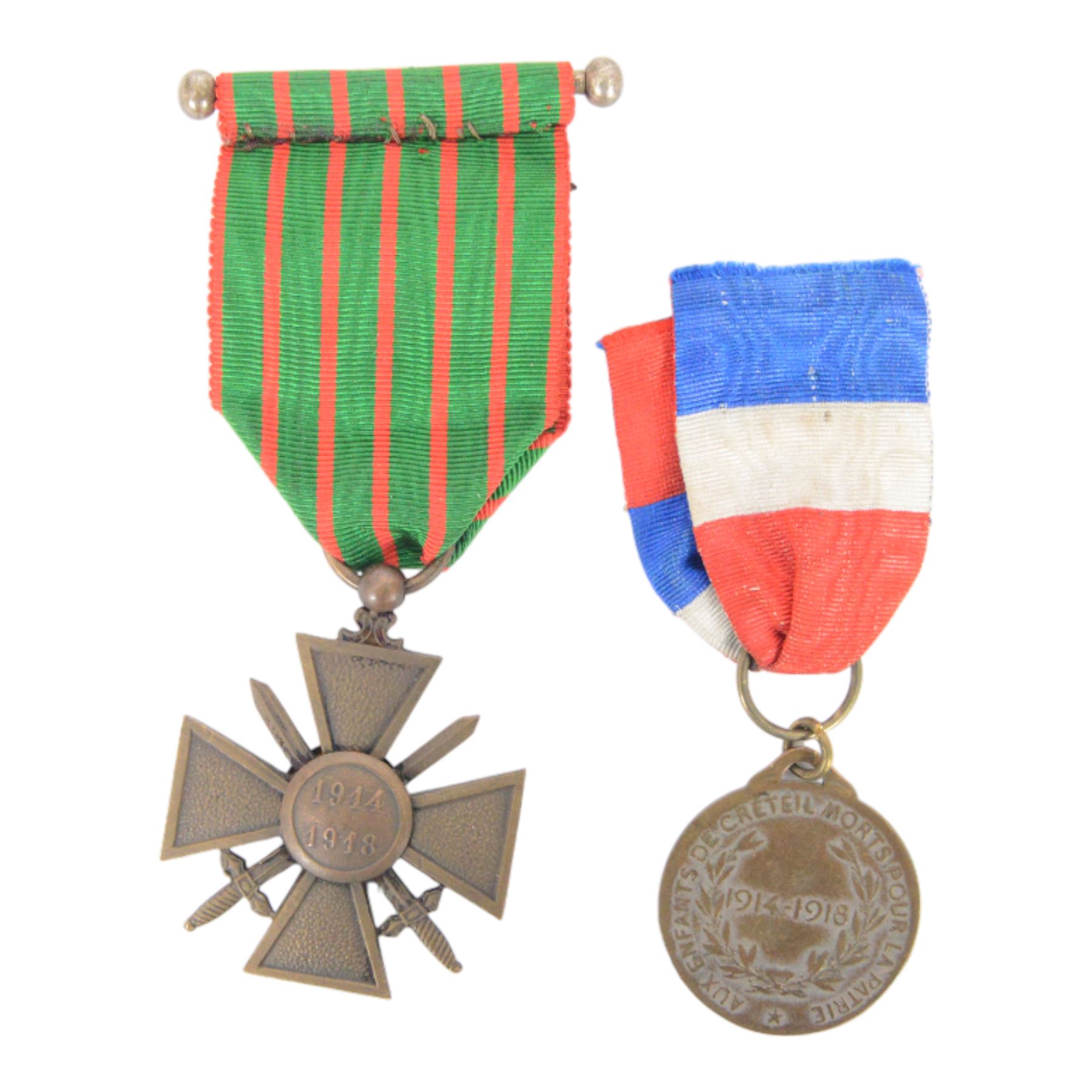 WWII French 1914-18 Croix de Guerre with bronze star and army motorcyclist badge together with WWII medal Creteil for war dead 

