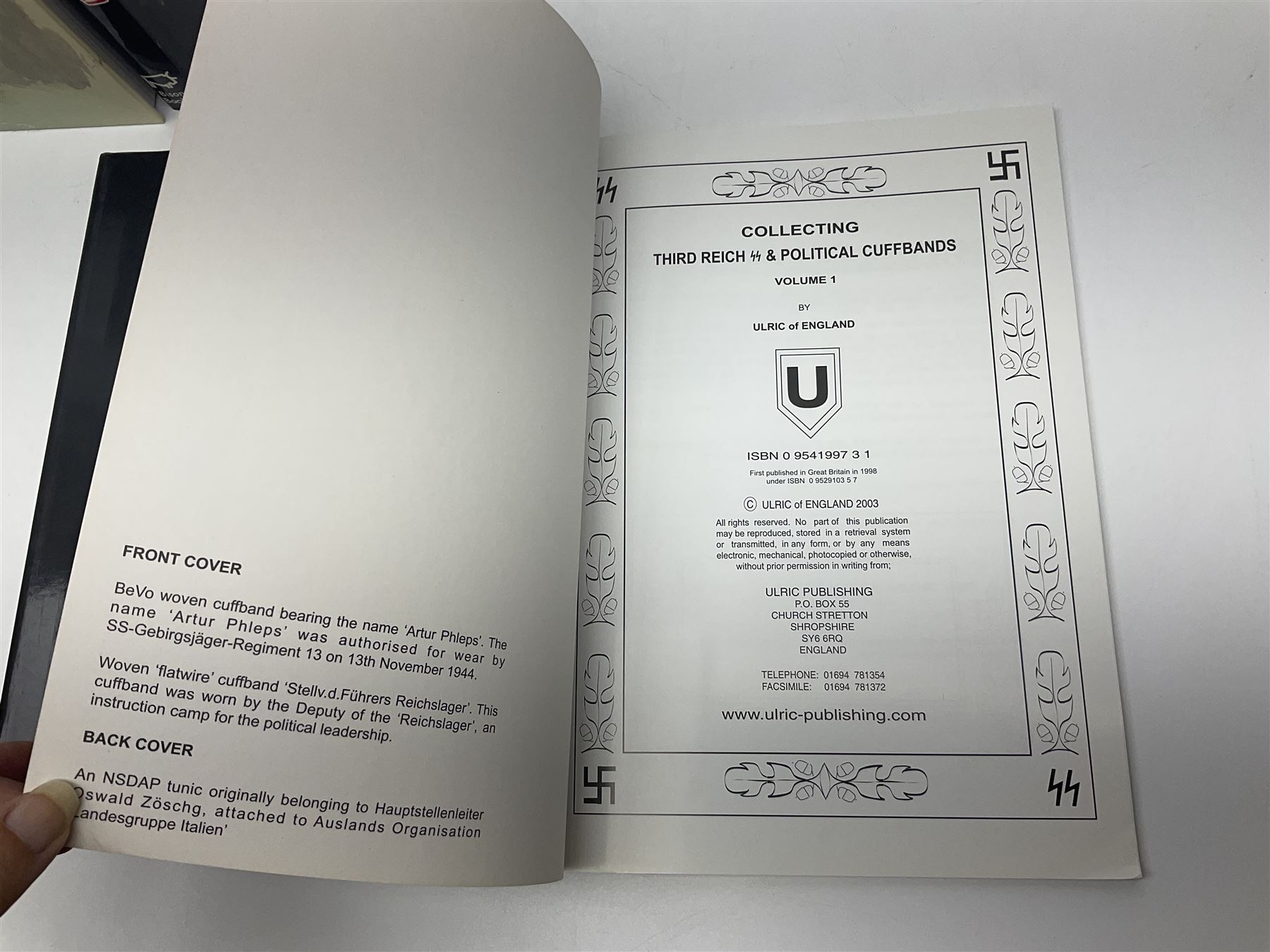 Excellent collection of twelve German Third Reich reference books including four by Adrian Forman - Guide to Third Reich German Awards and Documents, ........ Documents and Their Values. Volumes one and two. Both limited edition and signed by the author; and Bravery, Courage & Valour - Decorations and Awards of the Third Reich; D.E. Bowen: The Prussian & German iron Cross. Signed by the author; Ulric of England: Collecting Third Reich 'SS' and Political Cuffbands. Two volumes; Don Boyle: 'SS' Totenkopf H. Himmler Ring 1933-1945. 2nd printing. Signed by the author and inscribed to 'Adrian' (Forman); and four others (12)