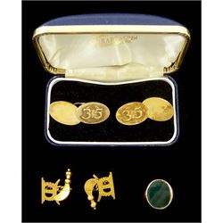 Pair of Middle Eastern 19ct gold cufflinks, 9ct gold bloodstone signet ring and a pair of silver-gilt '35' cufflinks by Garrard & Co