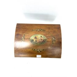 Edwardian music chest, hinge dome lid enclosing fitted interior, hand painted oval mother and child scene, continued hand painted bow and swag on the external, square tapering supports 
