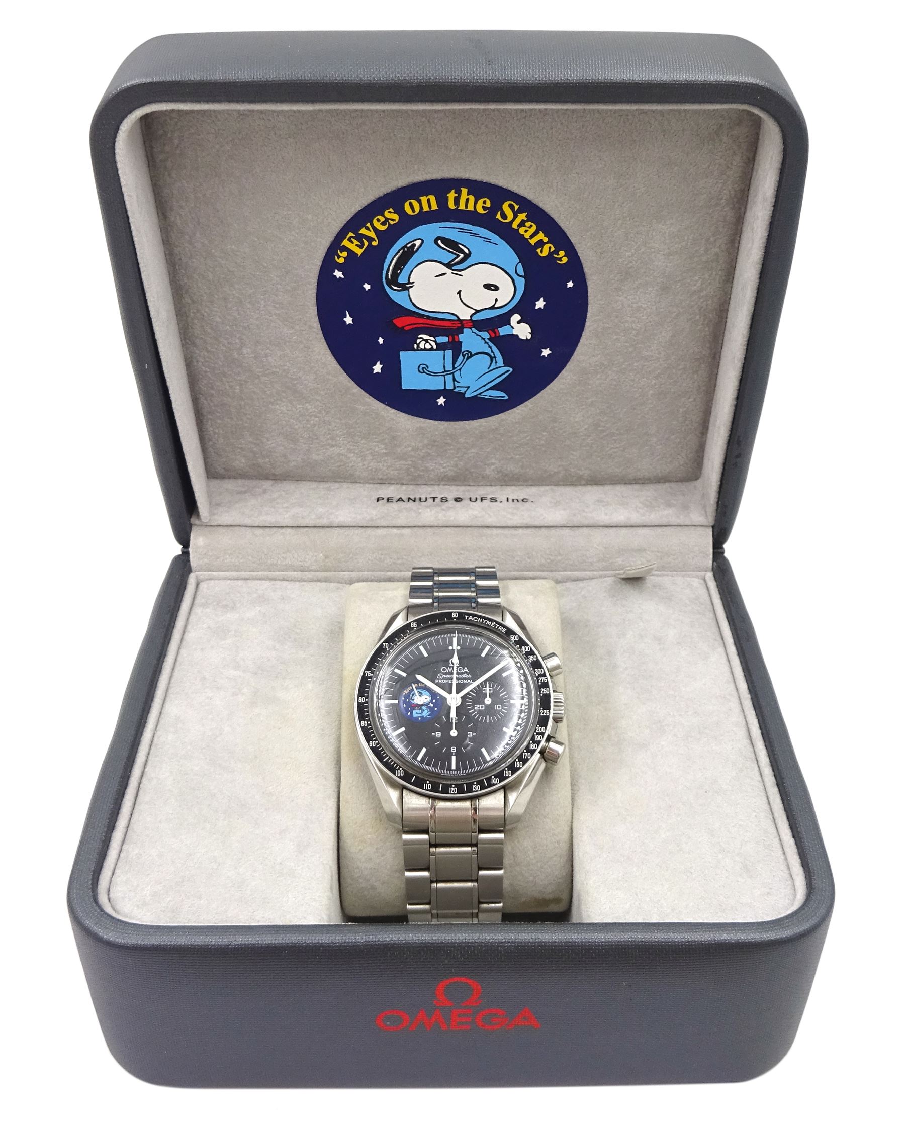 Omega Speedmaster Professional “Eyes on the Stars” Silver Snoopy Award stainless steel limited edition manual wind wristwatch, Ref. 3578.51.00, Cal. 1861, serial No. 77118140, on original stainless steel bracelet, with fold-over clasp, boxed with papers, warranty card dated 2003 and additional bracelet link