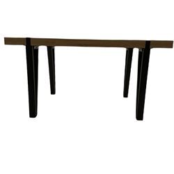 Modern light oak effect rectangular dining table, and four high back chairs.