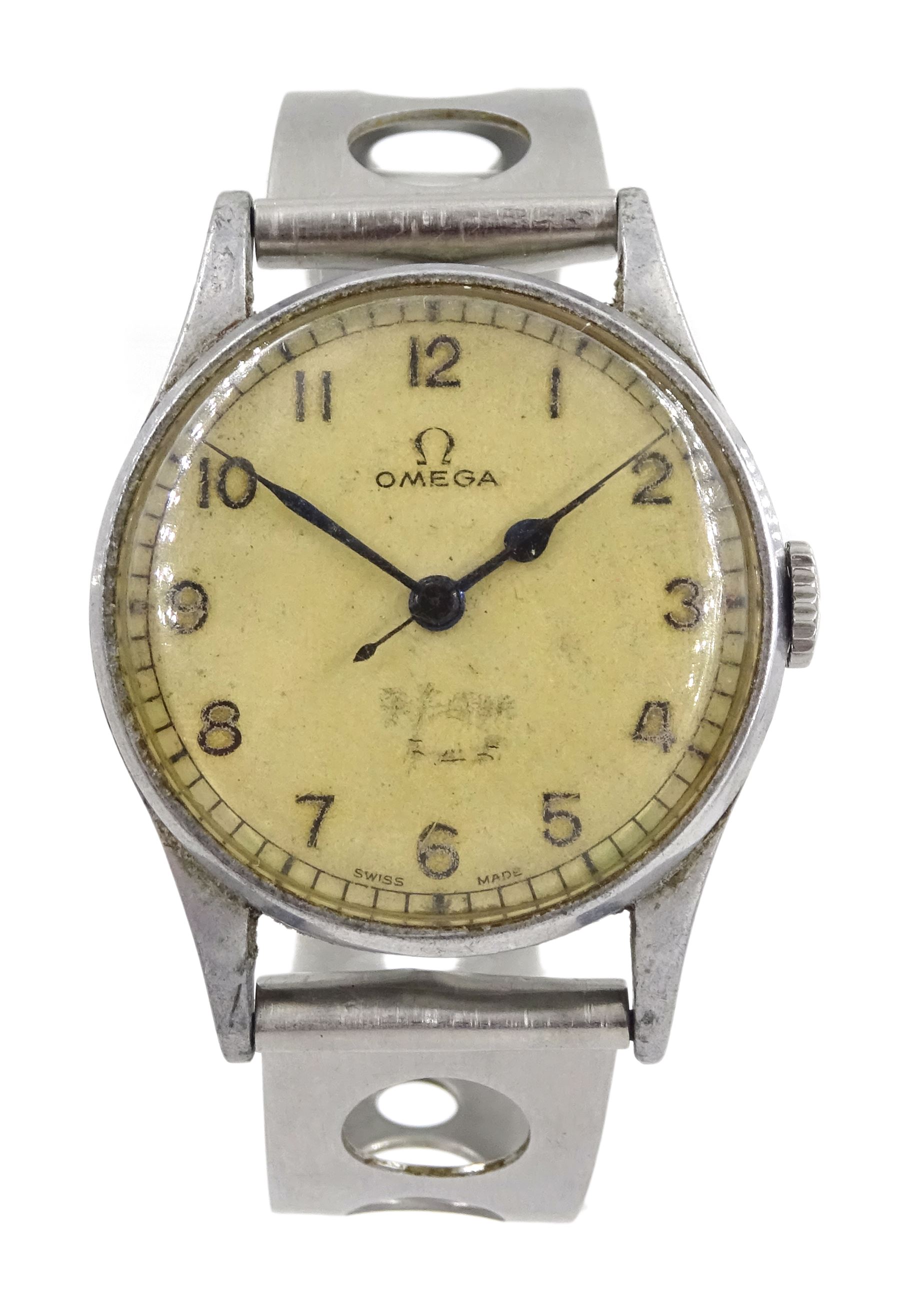 Omega WWII Air Ministry Issue stainless steel, manual wind wristwatch, No. 9701882, cream dial with Arabic numerals, back case engraved A.M 6B/159 7671/43,on associated stainless steel bracelet