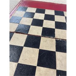 19th century walnut and brass bound games compendium box, painted to enhance the grain, of rectangular form, the hinged opening cover with rounded sides, central brass cartouche with engraved lion crest, and brass riveted straps, opening to reveal a red leather and blue silk lined compartmented interior, with fold-down games board, and lift-out tray containing playing cards, ebony turned dice towers, white and red stained bone draughts, and chess pieces, ivory dice, and ivory and ebony whist markers, and brass bezique board, cribbage board and markers, H15cm W32cm D24cm
This lot has been registered for sale under Section 10 of the APHA Ivory Act