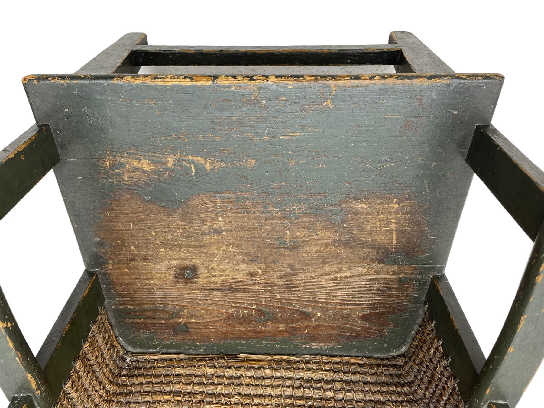 Late 19th to early 20th century Orkney chair, green painted pine frame and seat with curved rush back, square tapering supports joined by plain stretchers
