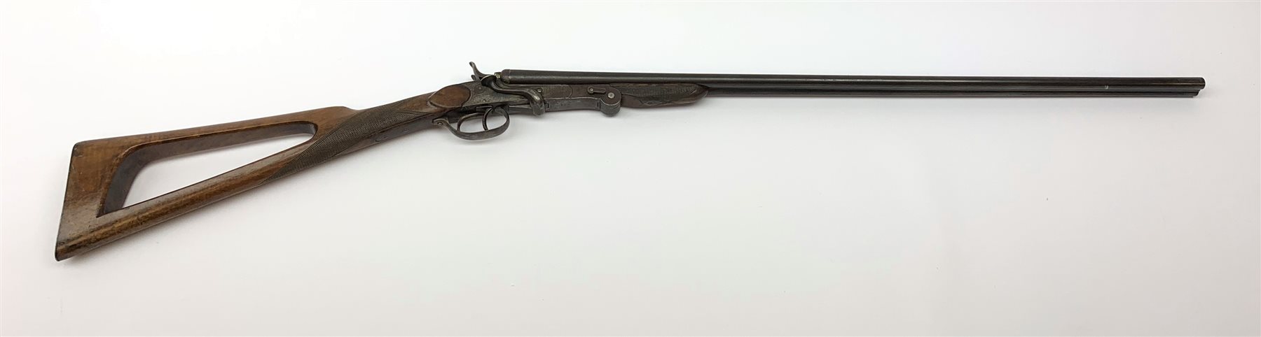 Belgian .410 side-by-side double barrel hammer shot gun with side lever operated folding 70cm barrels and walnut skeleton stock, No.498, L109cm overall SHOTGUN CERTIFICATE REQUIRED