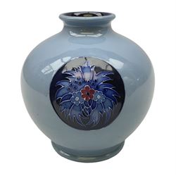 Moorcroft Blue Flames pattern vase, based on the early Flaminian ware design of 1906 to 1913, decorated with roundels of stylised flowers and foliage, by Emma Bossons, dated 2013, with various impressed and stamped marks beneath, H11cm