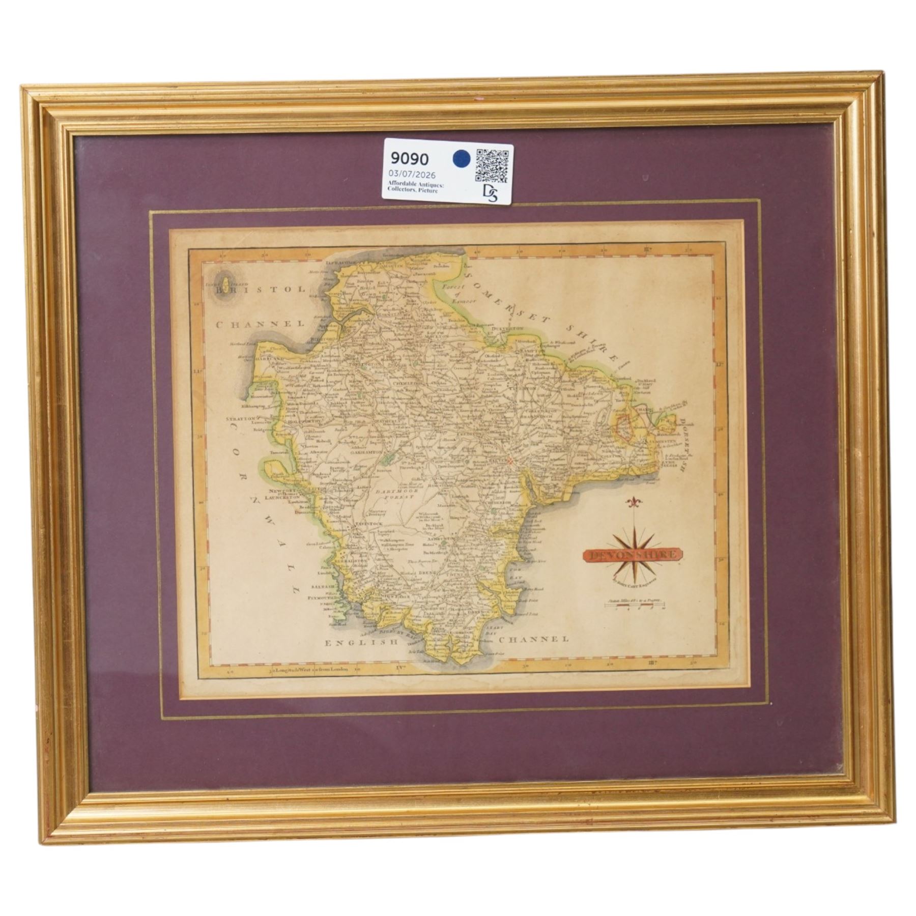 John Cary (British c1754-1835): 'Devonshire', engraved map, hand coloured 23cm x 28cm
