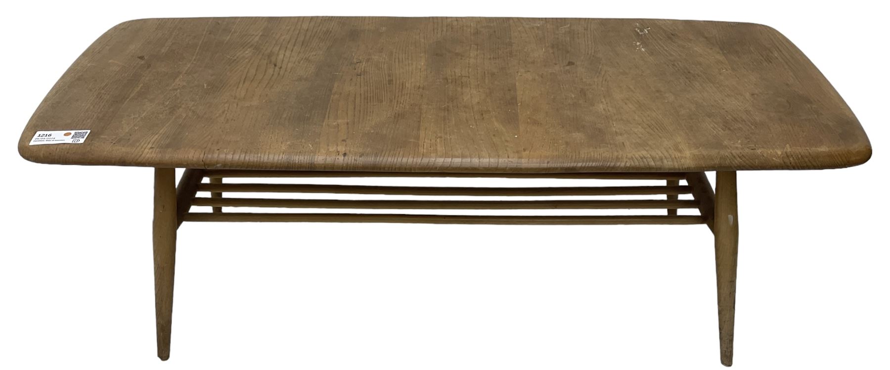 Ercol - mid-20th century blonde elm and beech model 459 coffee table, rectangular top over spindle magazine rack