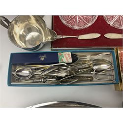 Pair of cut glass butter dishes, with hallmarked silver butter knives, together with a collection of silver plate including Georgian tankard, trophy cup and flatware, horn cutlery etc