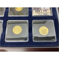 Collection of six Somali Republic 1/10oz (3.11 grams) fine gold 100 shillings coins, dated 2016, 2017, 2018, 2019, 2020 and 2021, housed in a presentation box