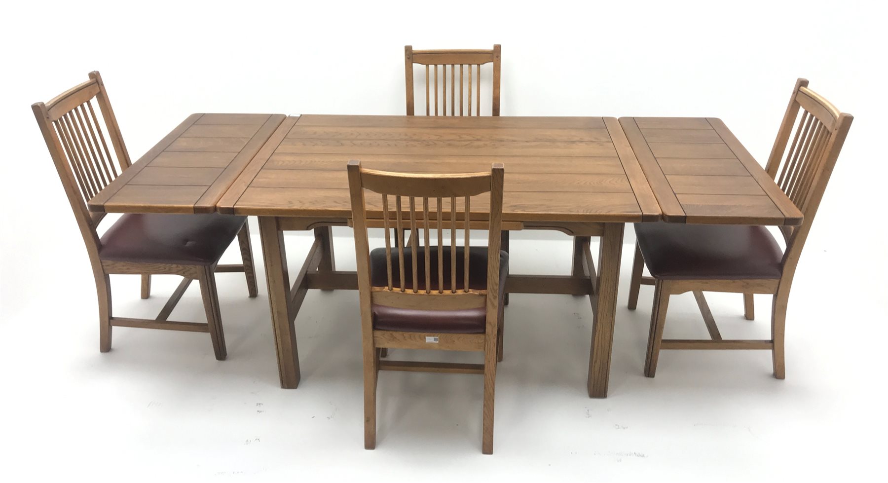  Sherry Furniture - light oak drawer leaf extending table (90cm x 134cm (closed) - 212cm (extended) H76cm) and set four dining chairs with leather upholstered seat  
