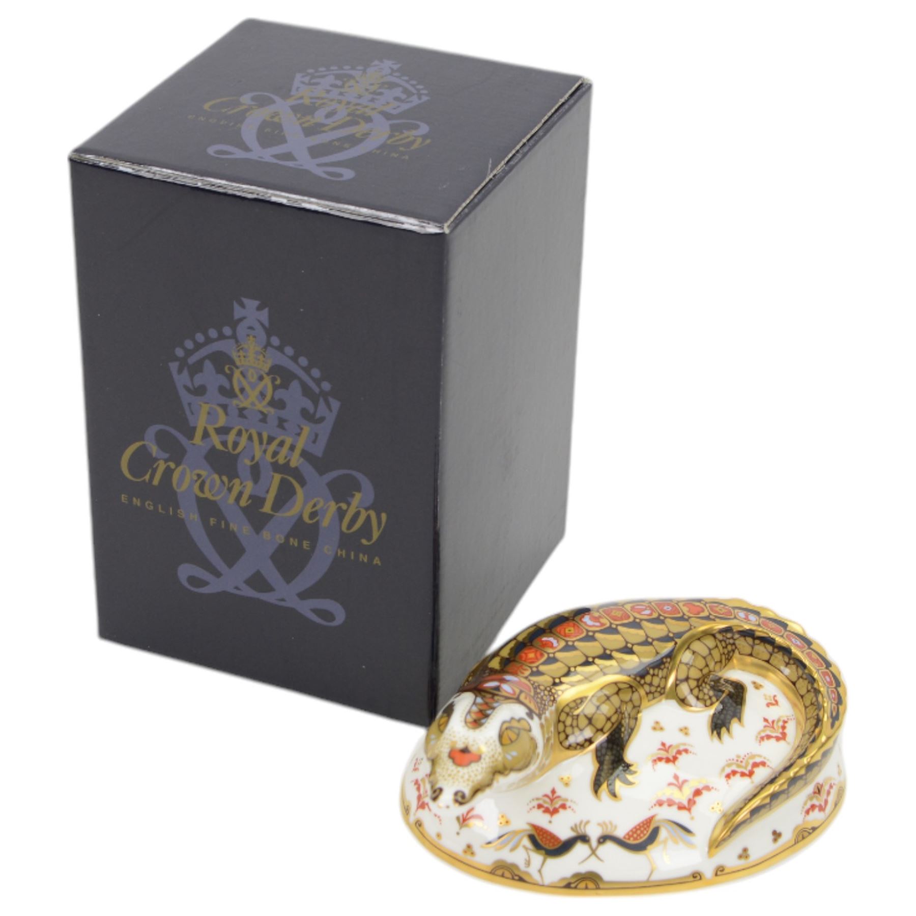 Two Royal Crown Derby paperweights, comprising Crocodile, with gold stopper and original box and Imari Dragon with gold stopper  