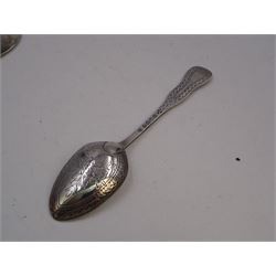 George III Exeter silver Old English pattern table spoon, engraved with foliate decoration, initials and dated 1784 to terminal, hallmarked Exeter 1783, maker's mark indistinct, together with Newcastle silver Fiddle pattern butter knife, hallmarked John Walton, Newcastle 1823, Victorian Exeter silver spoon, engraved with floral design to underside of bowl, hallmarked Josiah Williams & Co, Exeter 1875