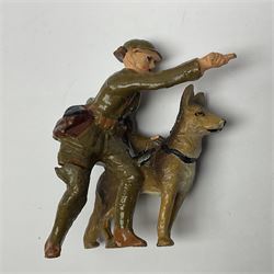 Eight Elastolin British soldiers and wartime figures, including nurse, injured soldier on stretcher, soldier with dog, etc, tallest 11cm