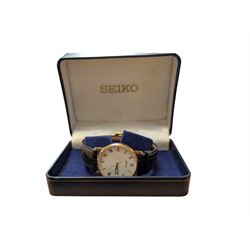 Seiko 9ct gold gentleman's presentation wristwatch, hallmarked, on original black leather strap, boxed
