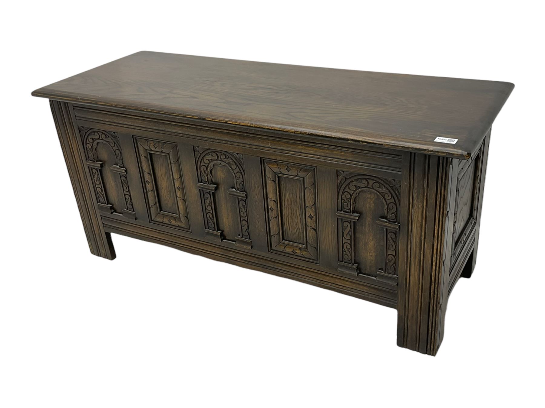 Old Charm - oak blanket box, hinged top, carved front