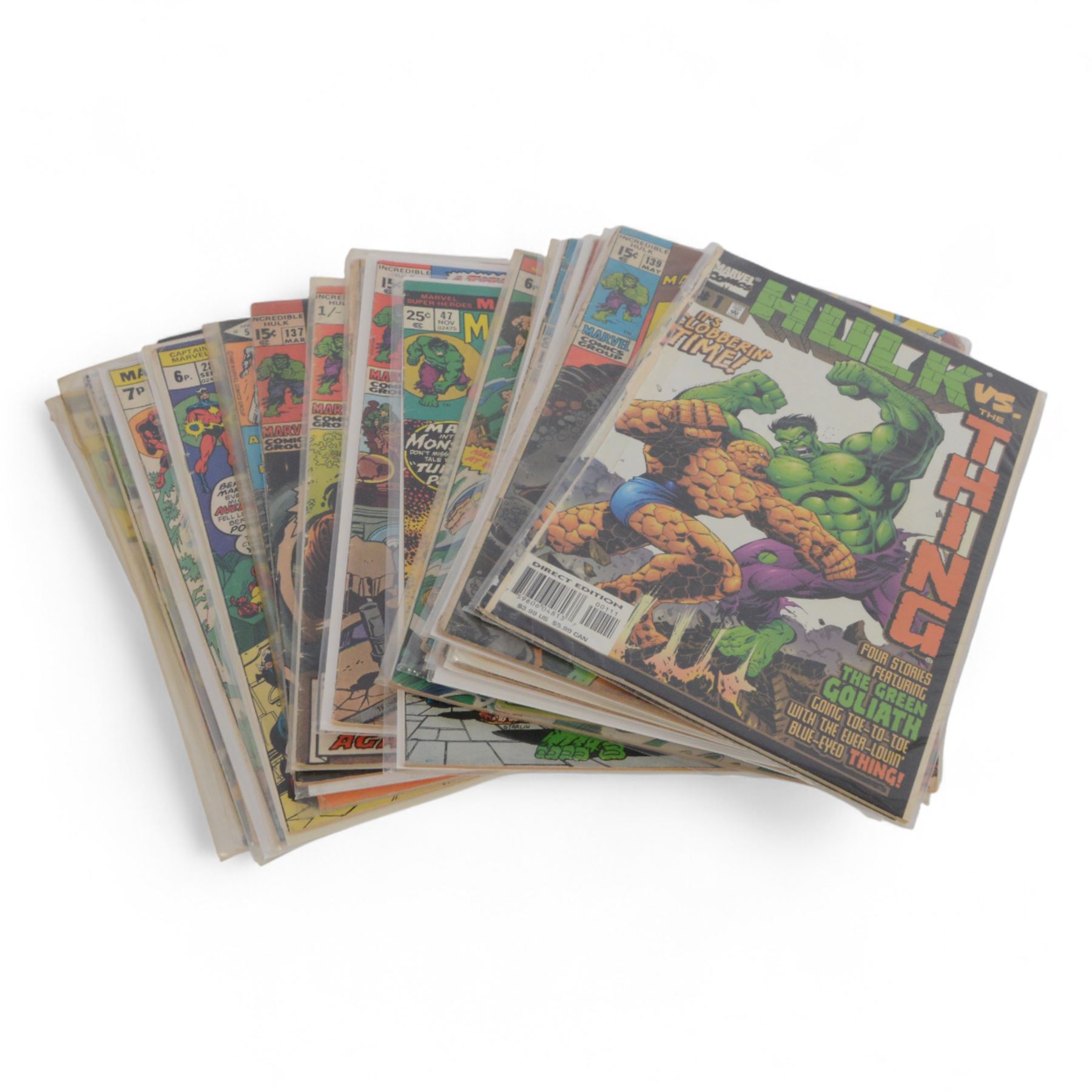 Fifteen Marvel Bronze Age and later comic books, comprising 'Fantasy Masterpieces starring Silver-Surfer' issue #5, 'Many Foes Has The Hulk' issue #139, four 'The Hulk' issues #129, #130, #131 and #137, 'Marvel Superheroes featuring The Hulk and Sub-Mariner' issue 47, 'Sub-Mariner' issues #24, #30, #63, 'Tales to Astonish starring Sub-Mariner' issue #8, 'Tales to Astonish Sub-Mariner and The Incredible Hulk' issue #79, #87 and #100, and 'Hulk vs The Thing' Direct Edition, all bagged, some carded