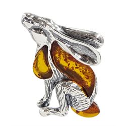 Silver Baltic amber moon gazing hare pendant, stamped 925