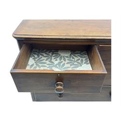 19th century mahogany chest of drawers, rectangular top over two short and three long graduated cockbeaded drawers, raised on compressed bun feet