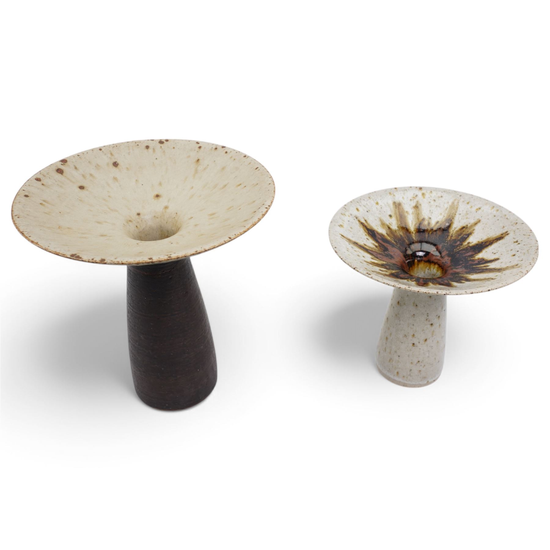 Barbara Cass (1921-1992) for Arden pottery; two studio pottery stoneware vases of slender tapering form with exaggerated flared rims, one with sunburst decoration, in cream and brown glazes, impressed marks to bases, tallest H18.5cm (2)