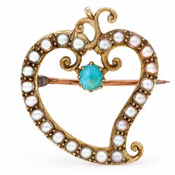 Edwardian 15ct gold pearl and turquoise witches heart brooch