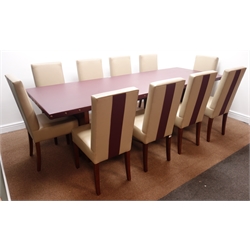  Large rectangular maroon leather top dining table, brass studs, walnut solid end supports joined by single stretcher (276cm x 100cm, H76cm), and ten leather high back chairs, tapering supports  