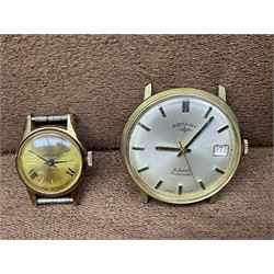 Five automatic wristwatches including Technos, Citizen, Seiko Rotary and Ramona, two Rotary quartz, Seiko quartz, Tissot ladies and a Romer, two silver ladies pocket watches and a gold-plated pocket watch, in two display boxes