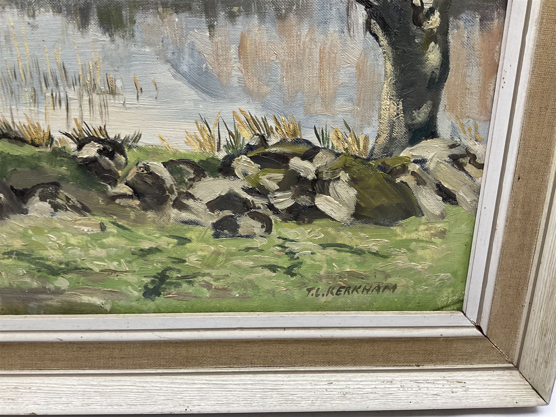 Thomas Leslie Kerkham (British 1918-1986): Lakeside Scene, oil on board signed 50cm x 60cm